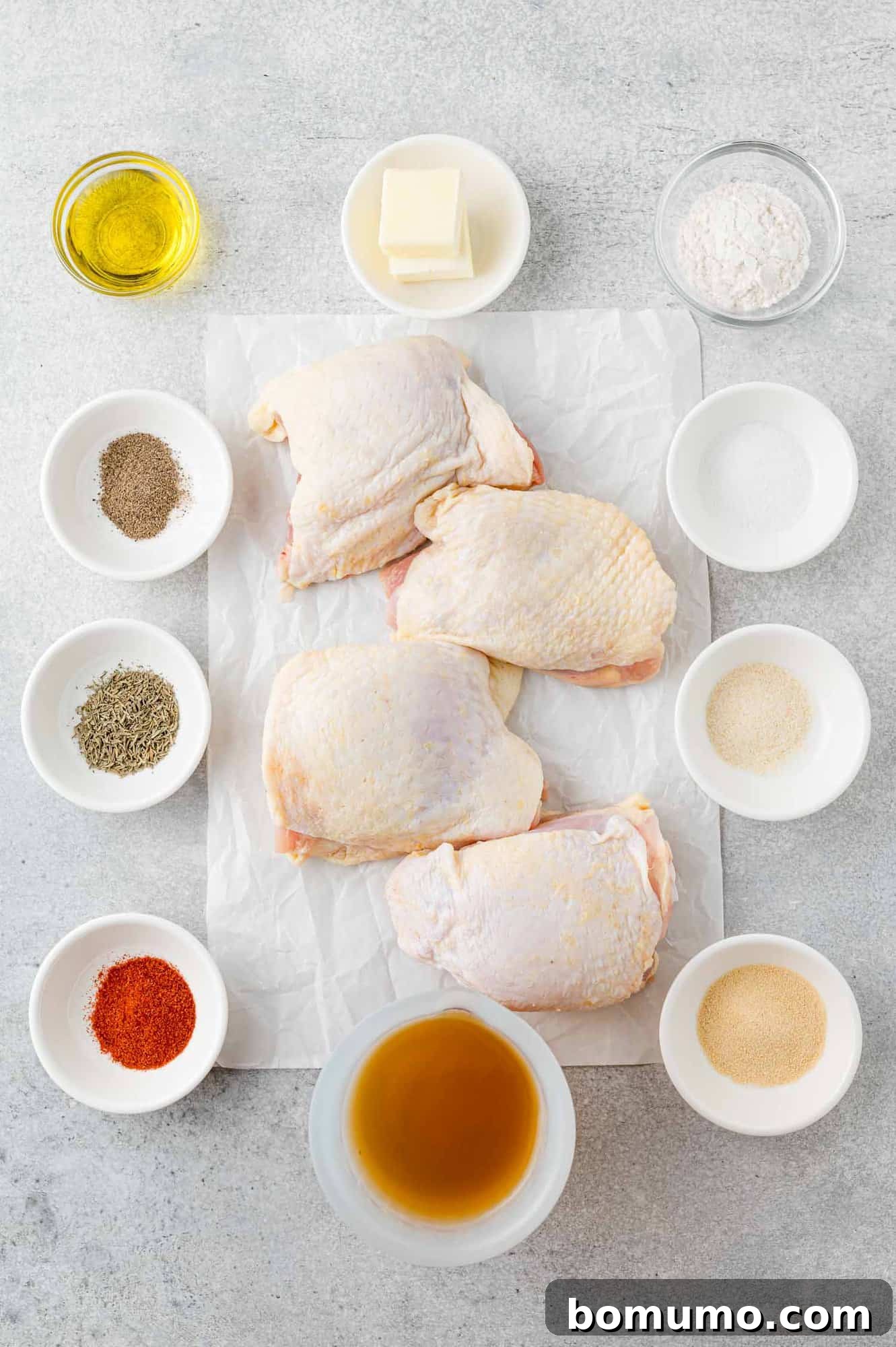 Ingredients needed for recipe, viewed from above.