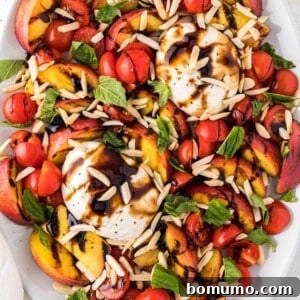 Grilled peach salad with burrata cheese.