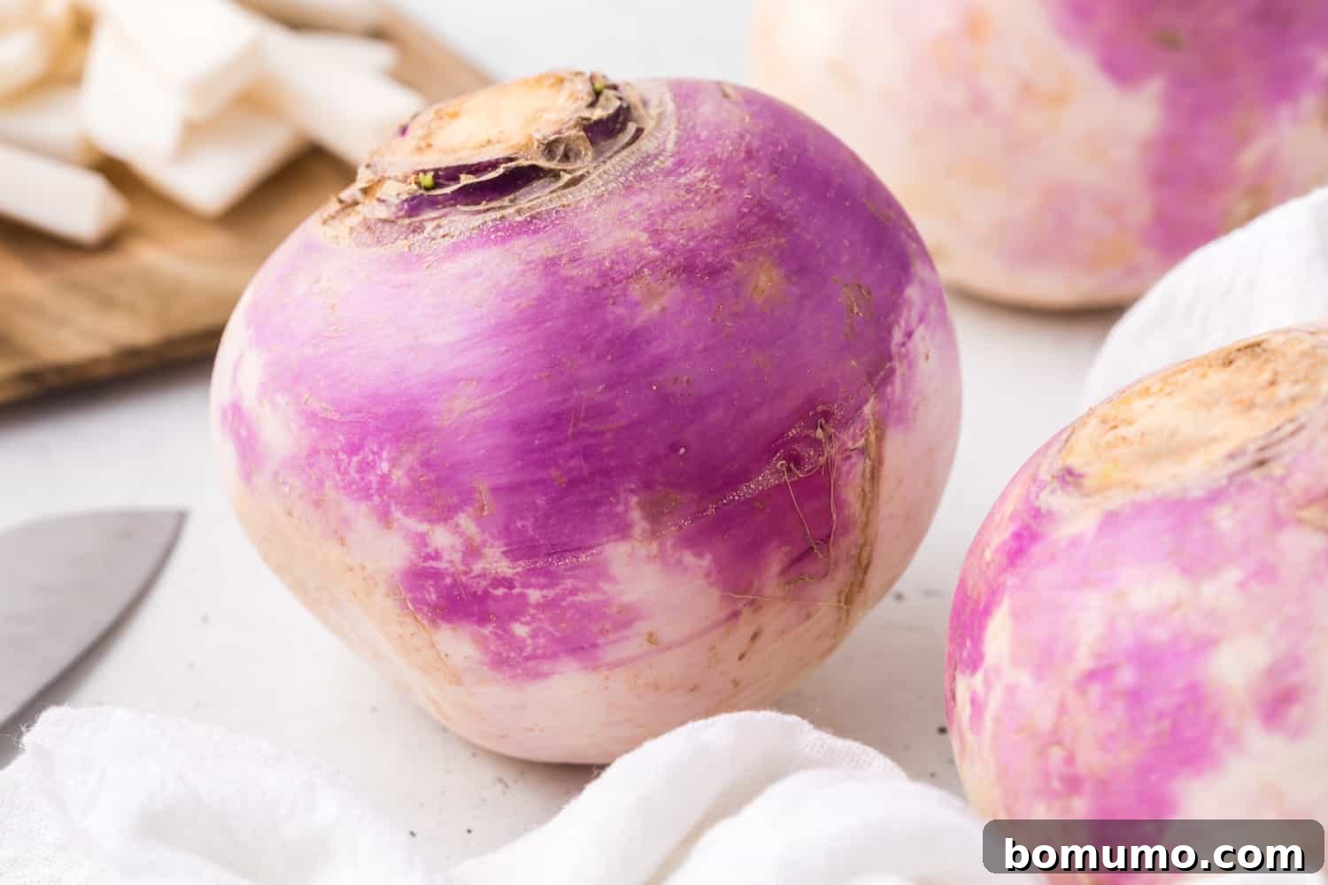 Turnips, with a knife partially visible, and some sliced turnips in background.