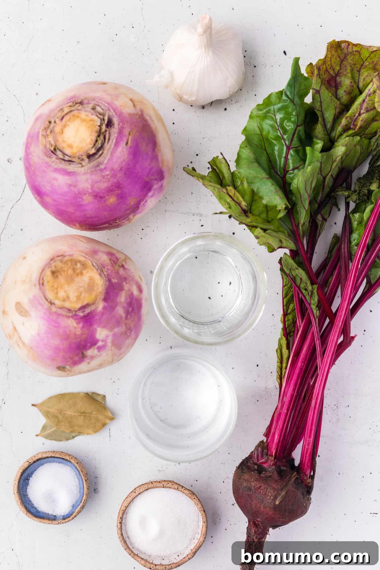 Ingredients needed for recipe including turnips and a beet.