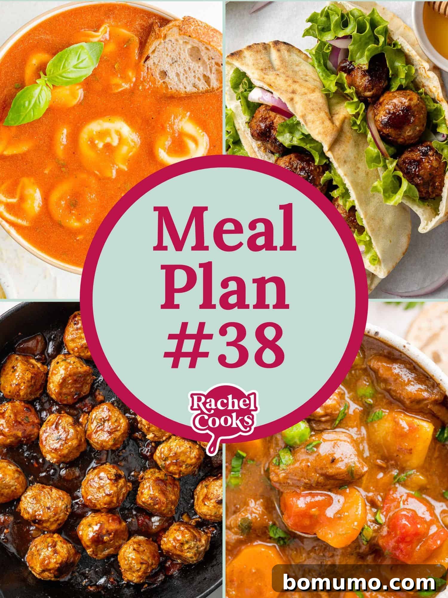 The 38th Meal Plan 2 A vibrant graphic displaying a weekly meal plan with text overlay and appealing photos of prepared dishes. It highlights 'Free Meal Plan & Grocery List' to simplify life with five dinners and a bonus recipe.