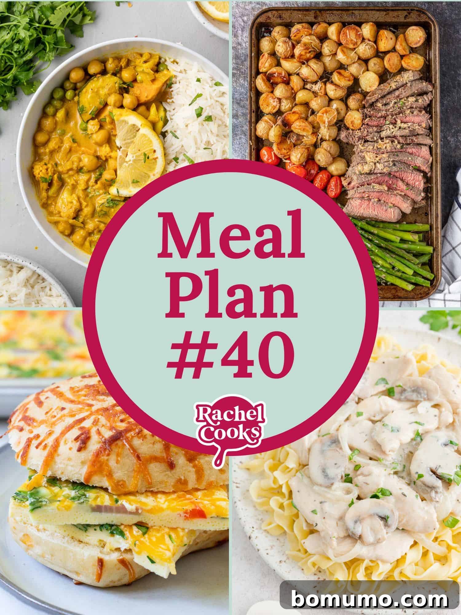 Your Fortieth Meal Strategy 2 Meal plan 40 preview graphic with text and photos of the recipes, showcasing a vibrant collection of dishes including tacos, curry, and sheet pan meals.