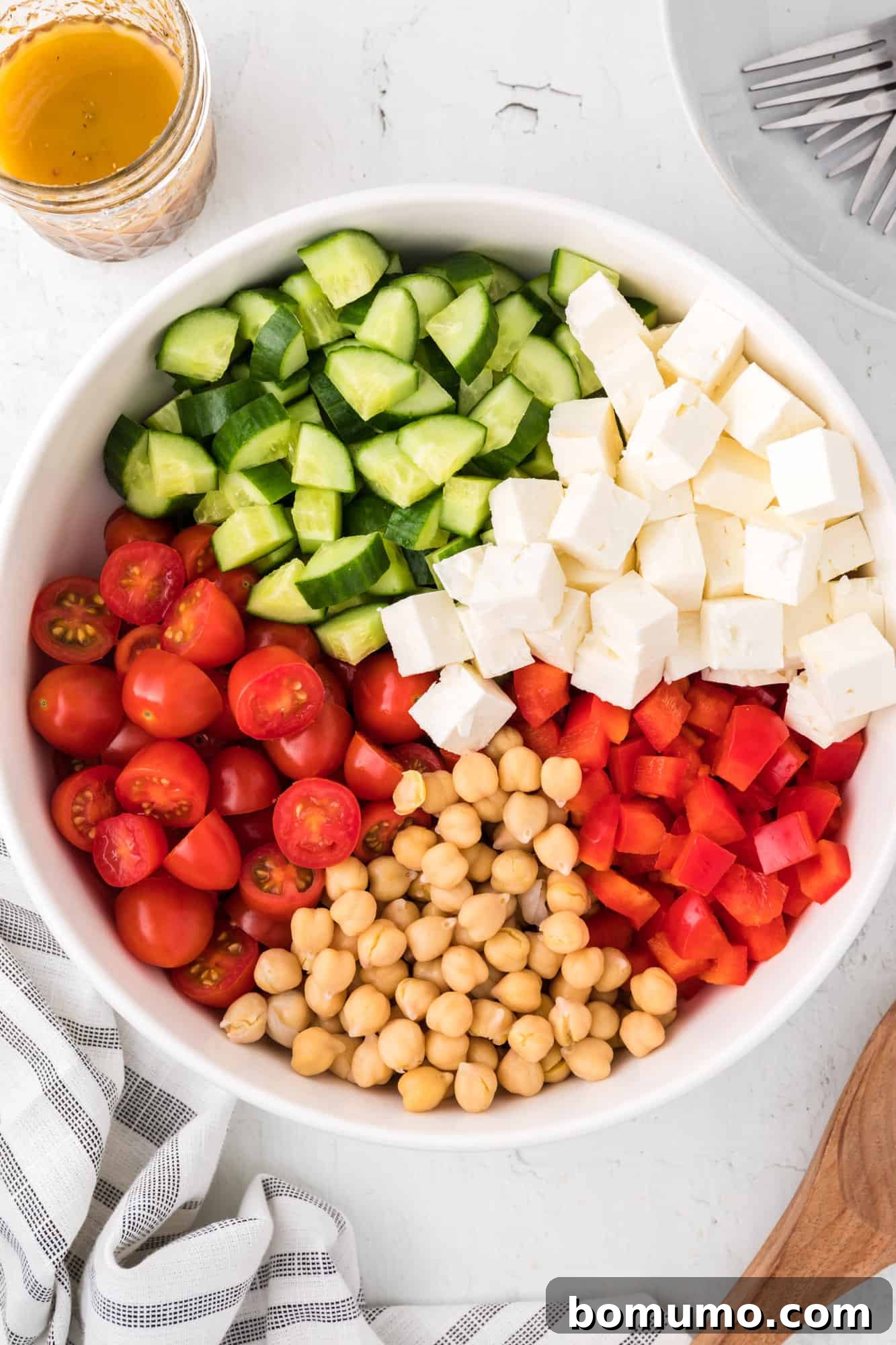 Chopped Greek salad, not yet mixed.
