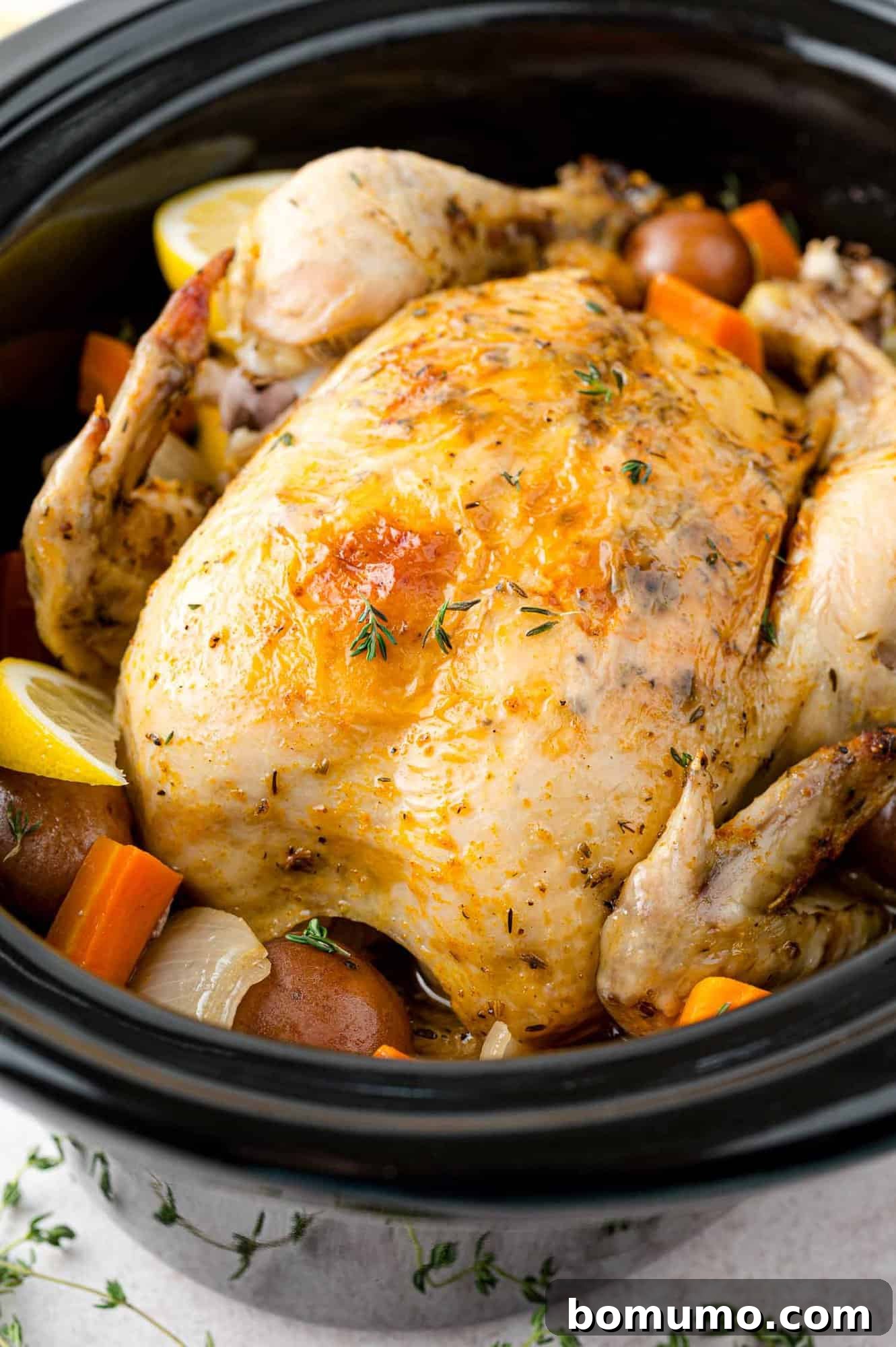 Whole chicken, pictured in a crockpot with carrots and potatoes.