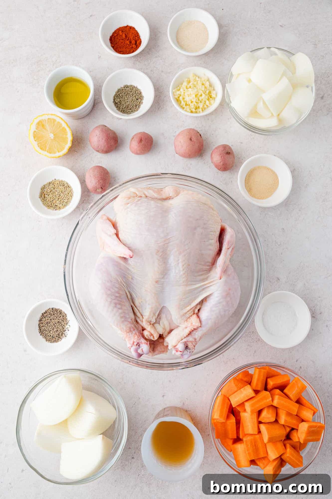 Ingredients needed for recipe, including a whole chicken.