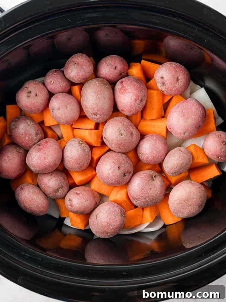 Uncooked potatoes and carrots in slow cooker.