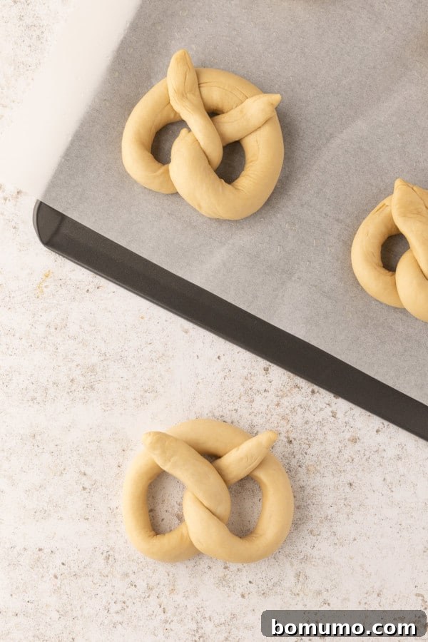 The final step of pretzel shaping: bringing the twisted ends up to meet the top curve.