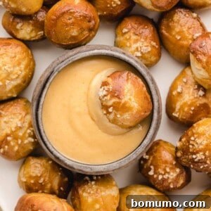 Beer cheese dip with soft pretzel bites.