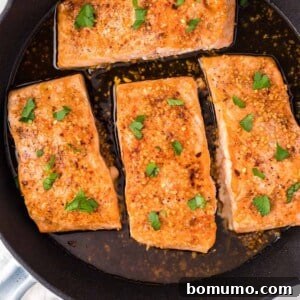 Honey garlic salmon topped with fresh parsley, presented beautifully.