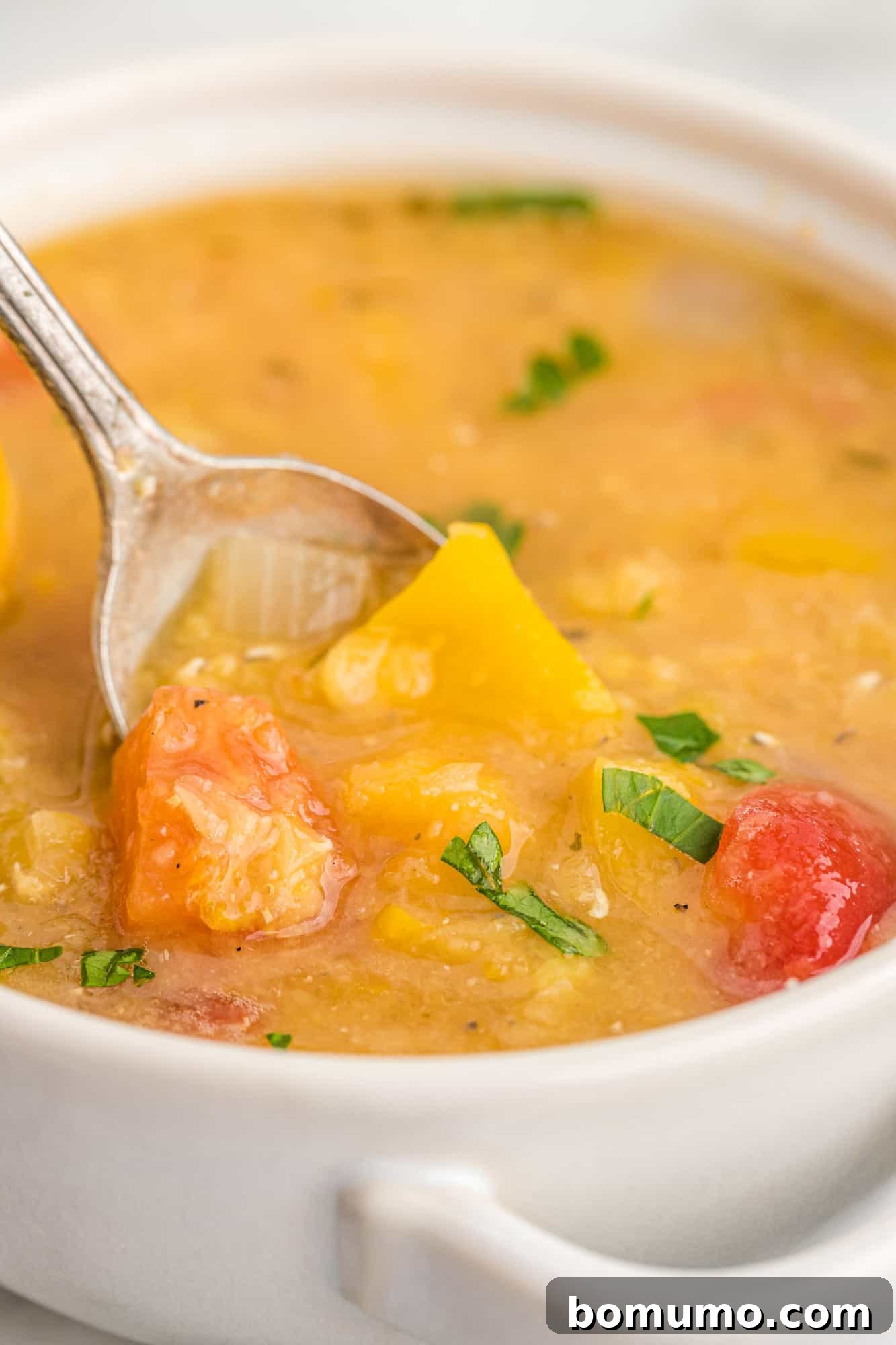 A close-up of a spoonful of red lentil soup, highlighting its rich, creamy texture and vibrant color.