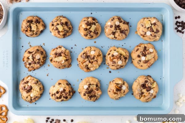 Rows of golden-brown, baked kitchen sink cookies cooling on a baking sheet, showcasing their various mix-ins.