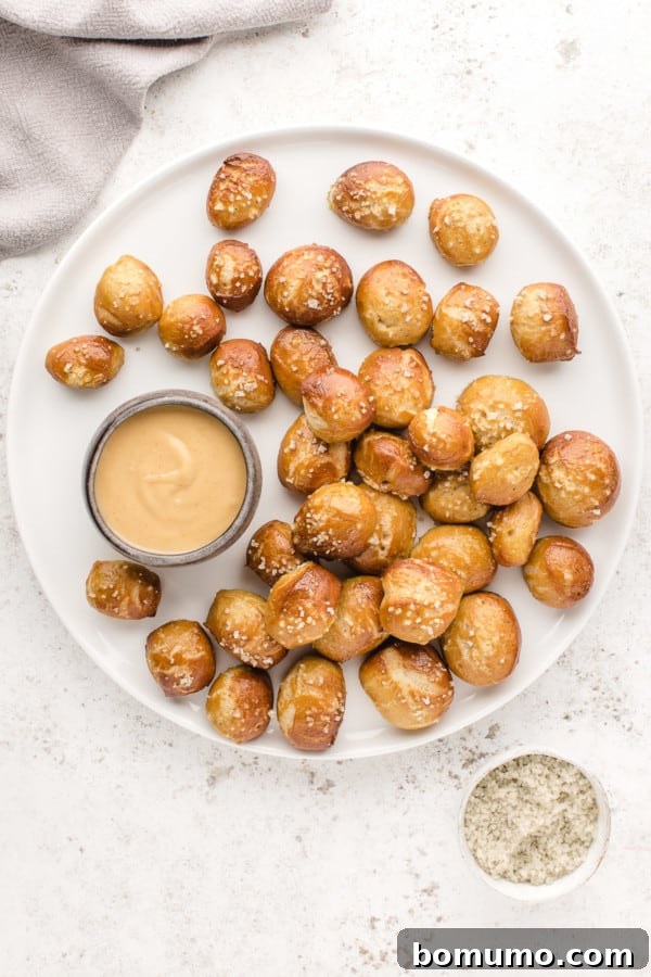 Overhead view of soft pretzel bites arranged around a bowl of cheese sauce on a white plate.