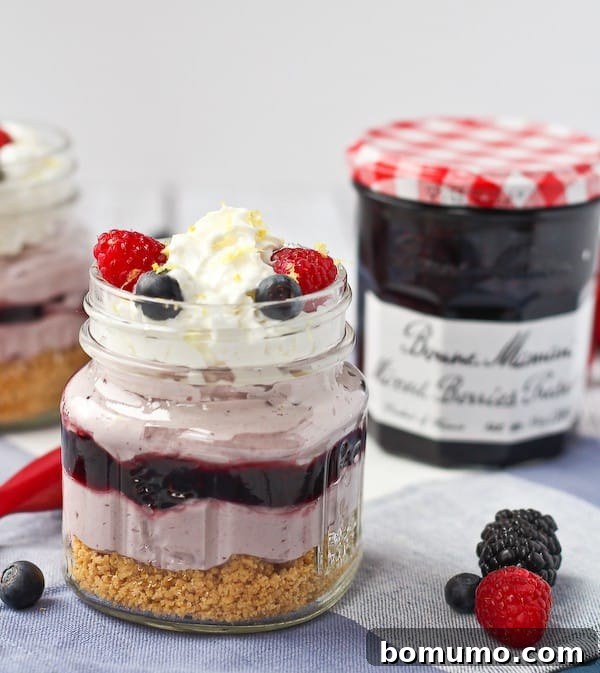 A single serving of no-bake cheesecake in a clear glass, distinctly showing its delicious layers.