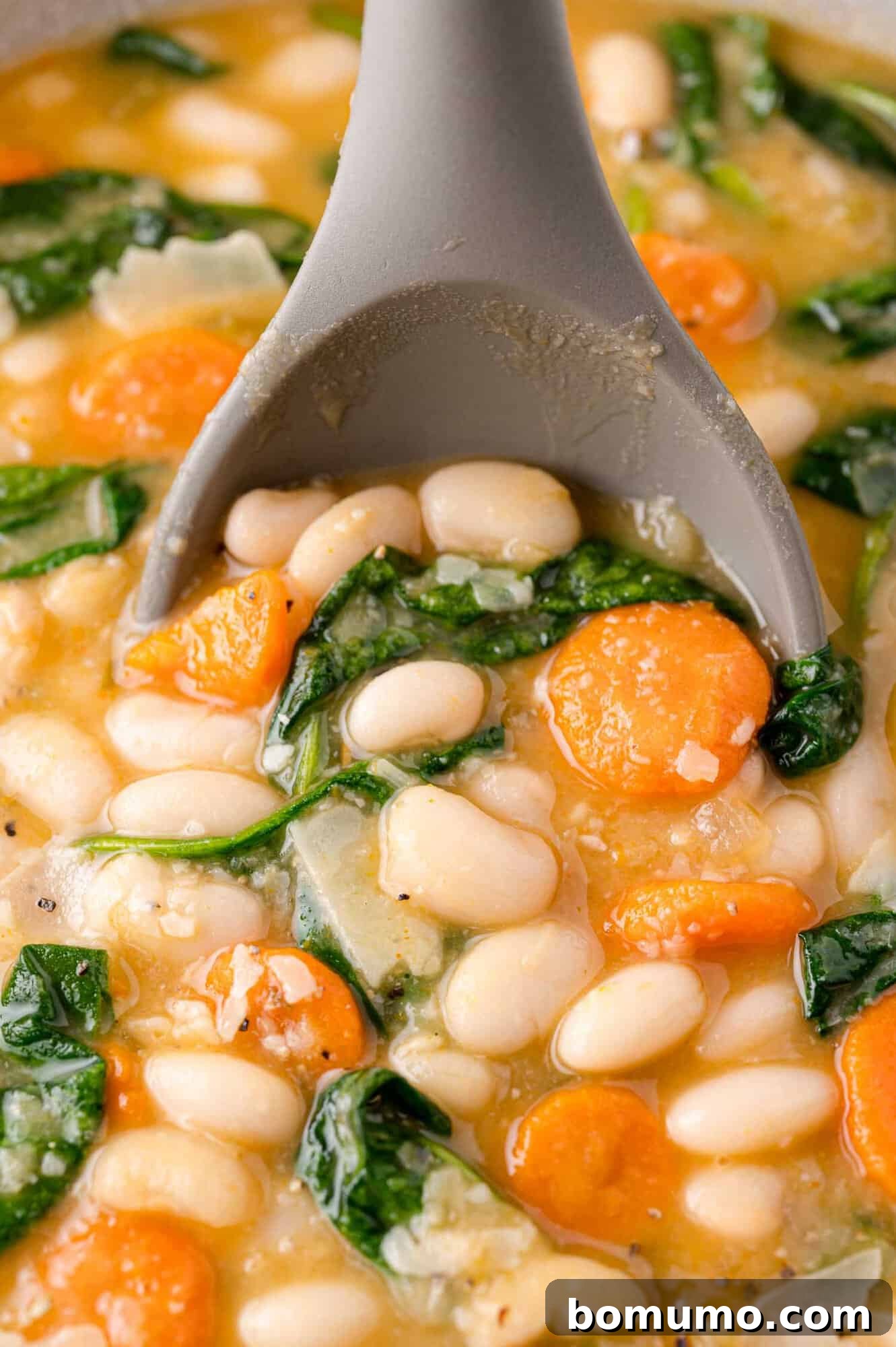 Close-up of a spoon scooping white bean and vegetable soup with carrots and spinach.