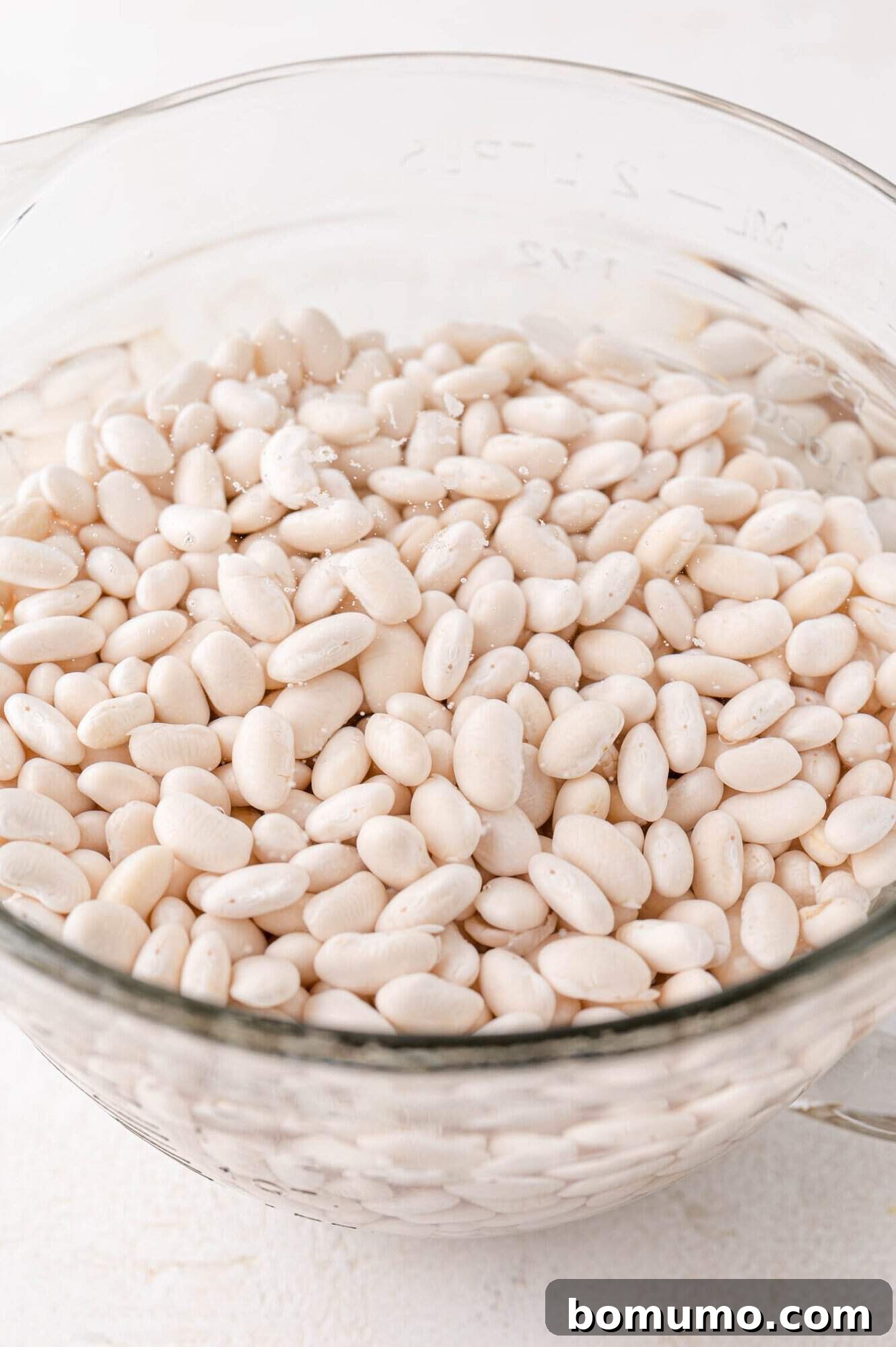 A glass bowl filled with white beans soaking in water.