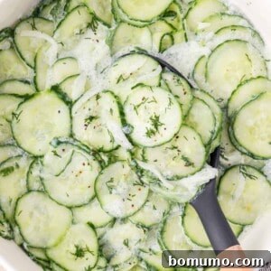 German cucumber salad, freshly prepared and ready to be served, with a spoon scooping some out.