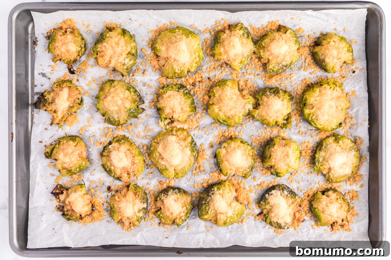 Crispy Roasted Brussels Sprouts 9 Cooked Brussels sprouts, still on sheet pan.
