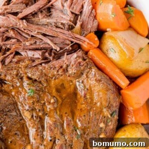 Pot roast, partially shredded, with carrots and potatoes.