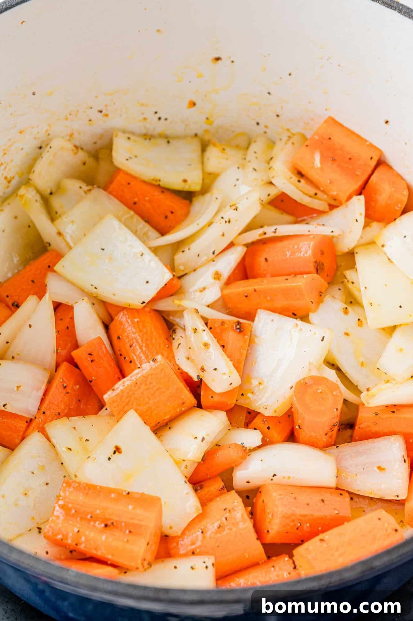Vegetables in pan.