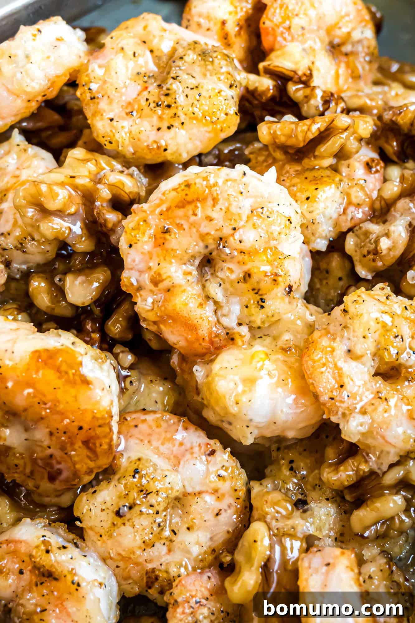 A delectable close-up of Honey Walnut Shrimp, artfully garnished with a generous drizzle of the signature creamy sauce. The perfectly cooked shrimp and crunchy walnut pieces are coated in a glossy, inviting glaze, highlighting the dish's irresistible texture and visual appeal.