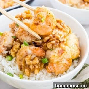 A comforting bowl of rice beautifully topped with crispy shrimp, crunchy walnuts, and a garnish of fresh chopped green onions. Elegant chopsticks rest beside the bowl, inviting a delightful meal.