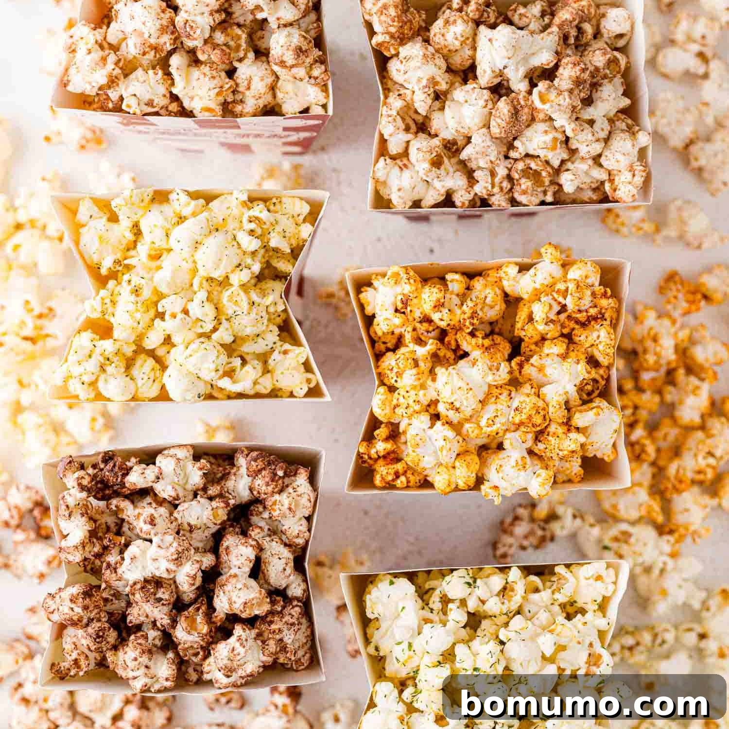 An overhead view of six small bowls, each containing a different variety of popcorn seasoning.