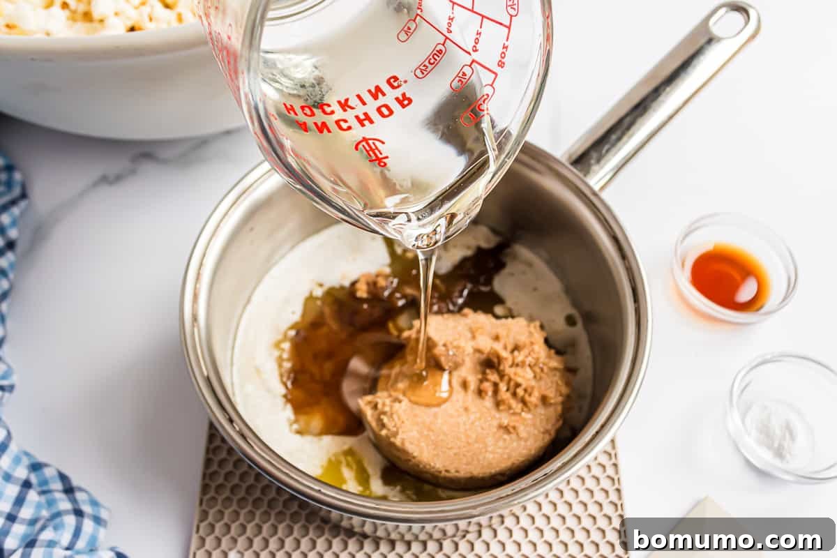 Initial ingredients like butter, brown sugar, and corn syrup being added to a saucepan over heat.