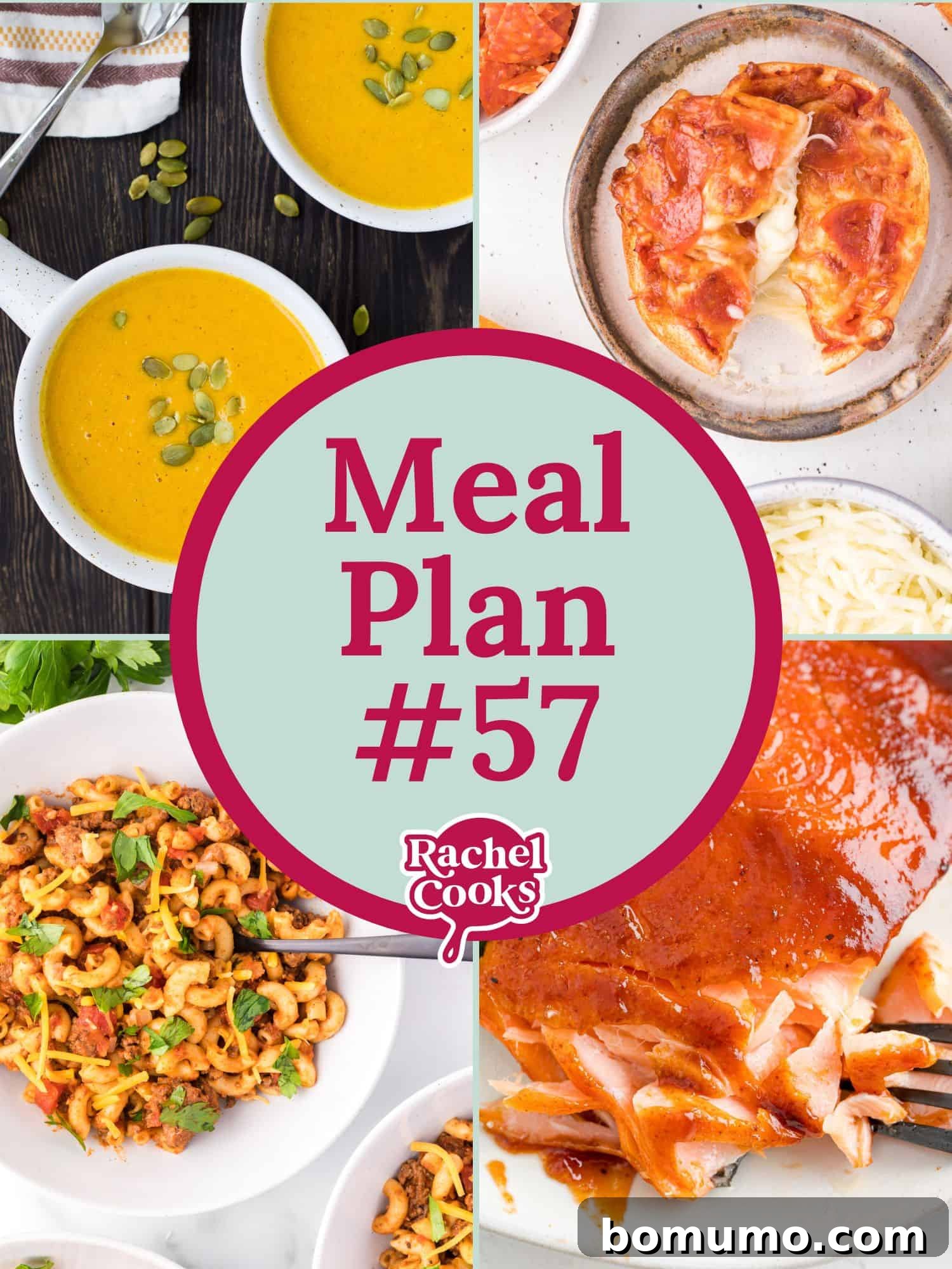 Meal plan 57 preview image with text and photos of recipes included, featuring a variety of wholesome meals.