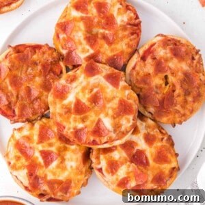 Air fryer bagel bites topped with pepperoni and cheese, on a white plate, ready to be enjoyed.