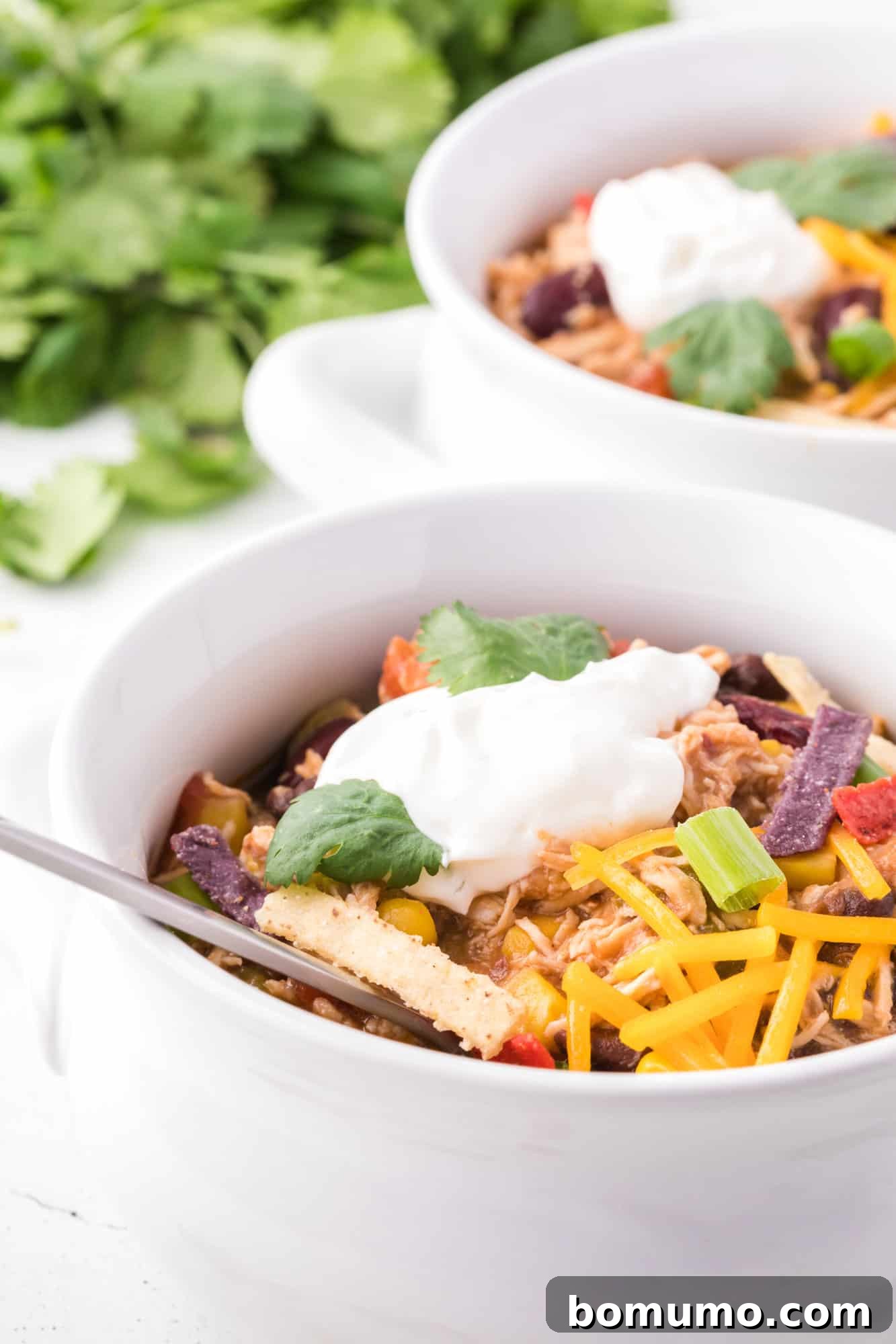 Two side-by-side bowls of chicken taco soup garnished with sour cream and cilantro, on a rustic wooden table.
