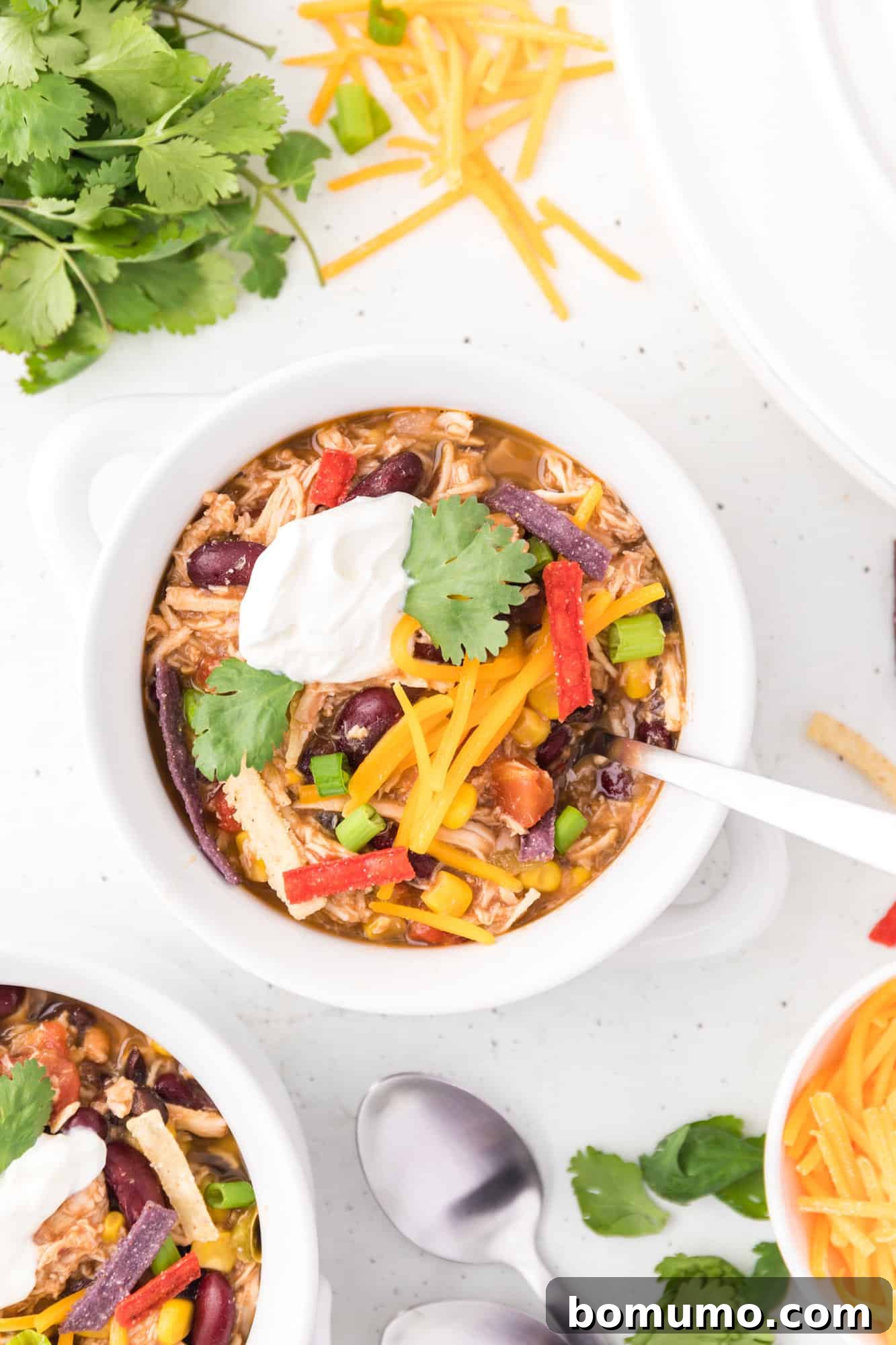 An overhead view of a single bowl of chicken taco soup, beautifully garnished with sour cream and tortilla strips.