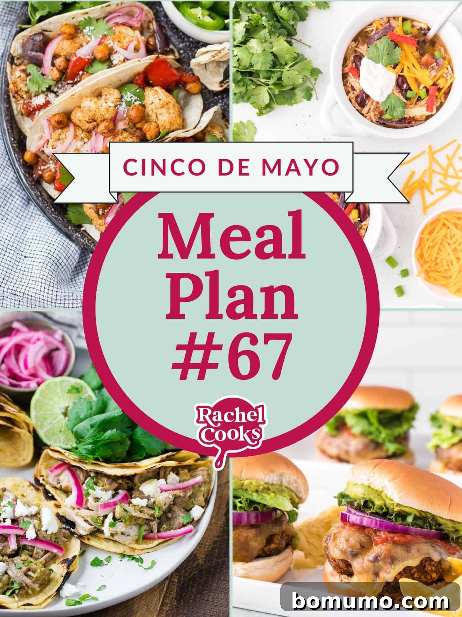 Meal plan 67 preview image, highlighting a Cinco de Mayo recipe and photos of included recipes.