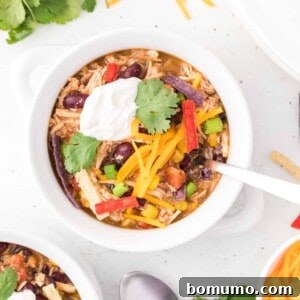 Chicken taco soup in a white bowl, topped with sour cream and cilantro, ready to be enjoyed.