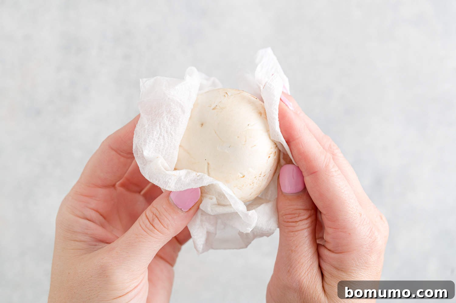 A hand gently cleaning a mushroom with a paper towel, emphasizing proper mushroom preparation technique.