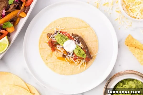 Overhead view of a beautifully assembled steak fajita on a plate, loaded with tender steak, vibrant sautéed vegetables, and adorned with fresh garnishes like cilantro and a squeeze of lime, ready to be enjoyed.
