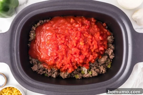 Overhead view of canned diced tomatoes and tomato sauce being added to the browned ground beef mixture in the crockpot.