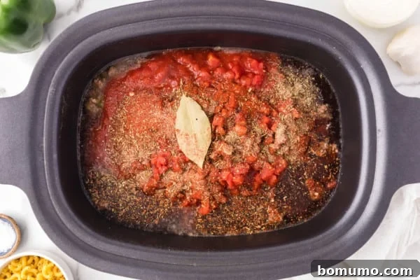 Overhead view of various herbs and spices being added to the ground beef and tomato sauce mixture in the crockpot, enhancing the goulash flavor.