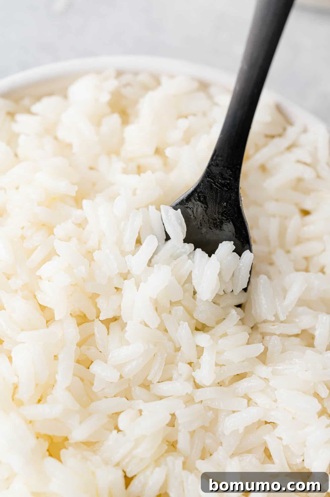 Fluffy jasmine rice in a bowl and on a black fork, perfectly cooked.