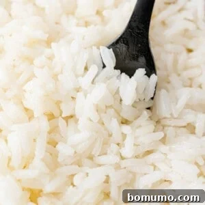 Fluffy jasmine rice with a black fork.