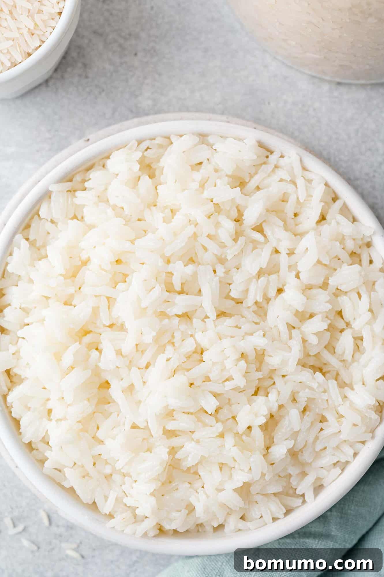 Jasmine rice served in a large white bowl, looking fluffy and appealing.