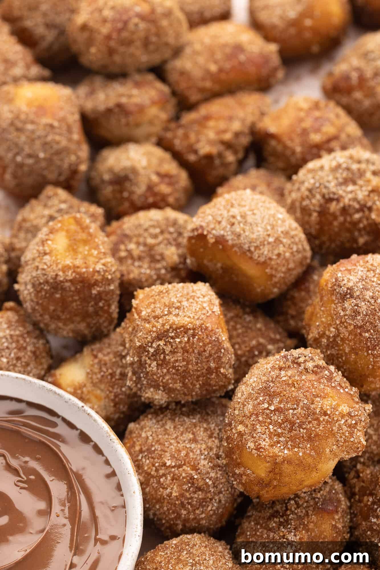 Close up of cinnamon sugar pretzel bites next to a small bowl of nutella for dipping.