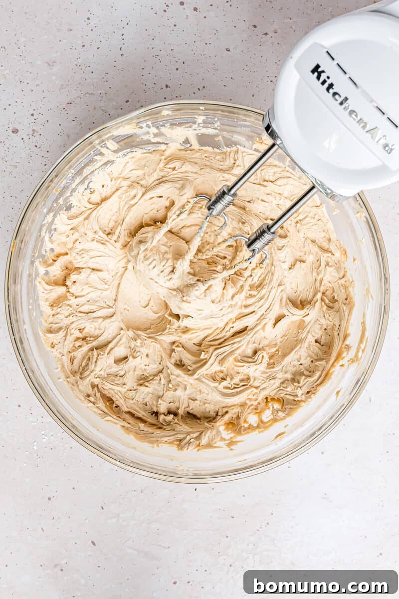The peanut butter frosting mixed to a perfect light, airy, and fluffy consistency with an electric mixer, ready for use.