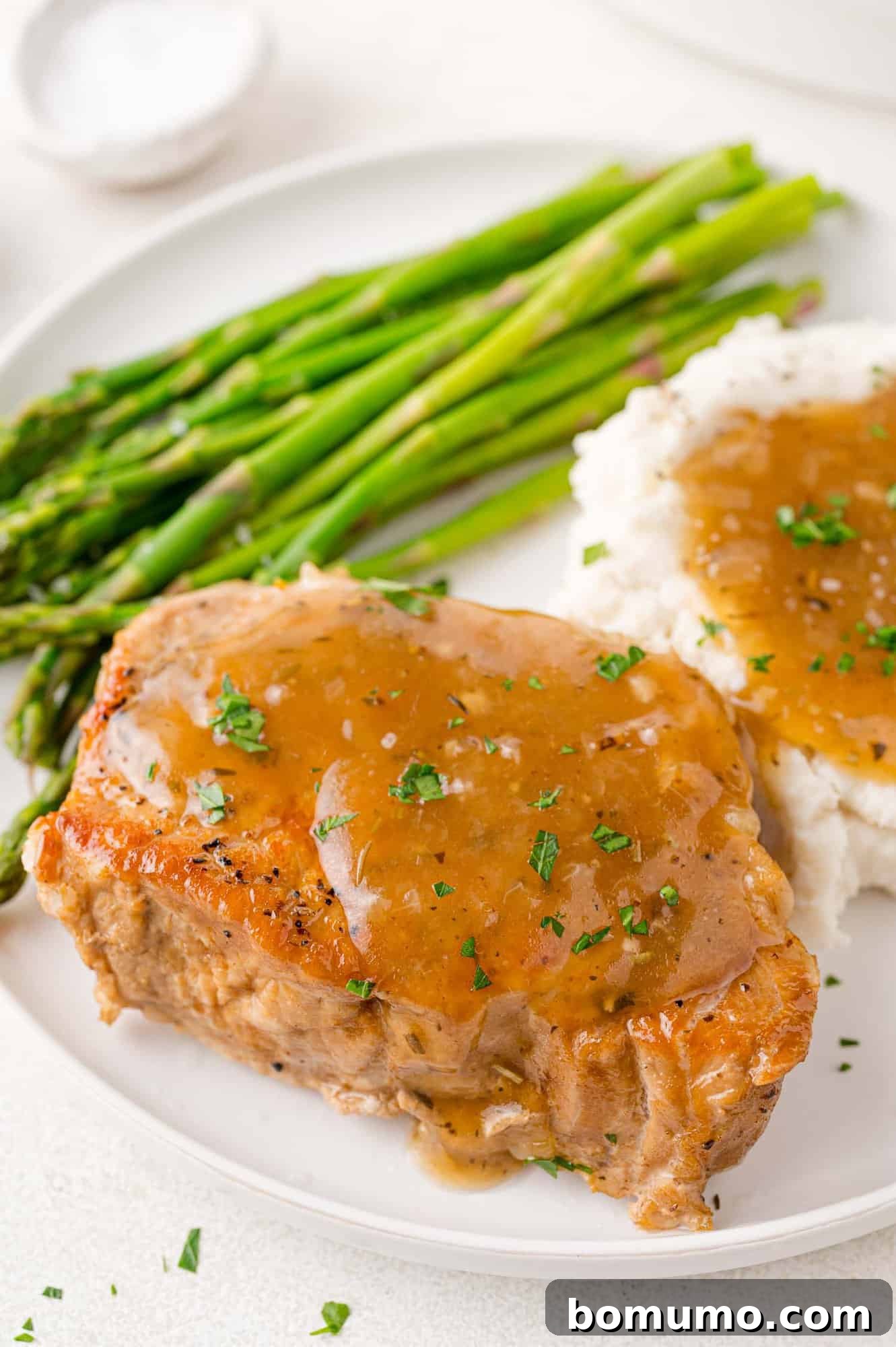 Pork chop and gravy on a plate, with mashed potatoes and asparagus.