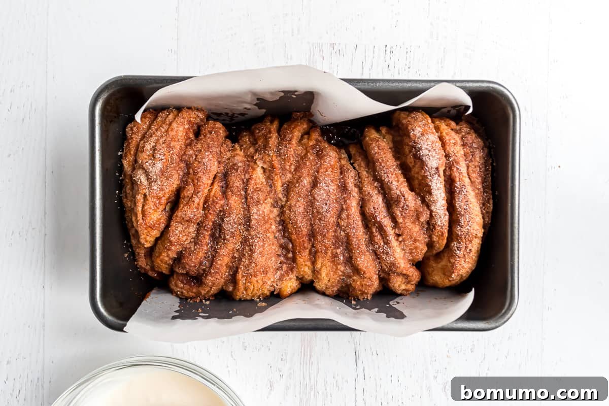 Baked cinnamon sugar pull apart loaf, glaze not yet added.