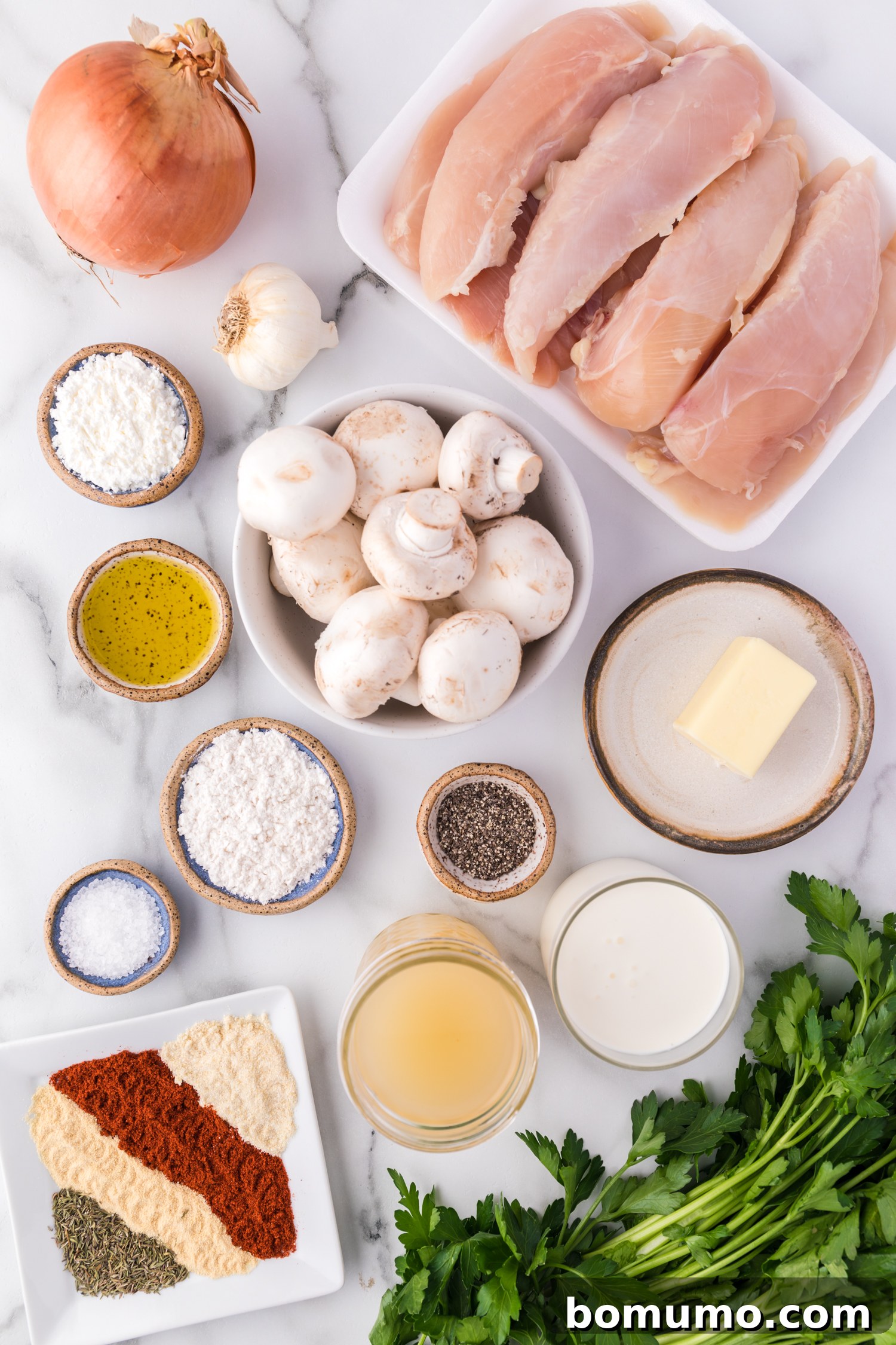 A vibrant selection of fresh ingredients laid out, including chicken, various seasonings, butter, garlic, onions, and an assortment of mushrooms, ready for preparing cream of mushroom chicken.