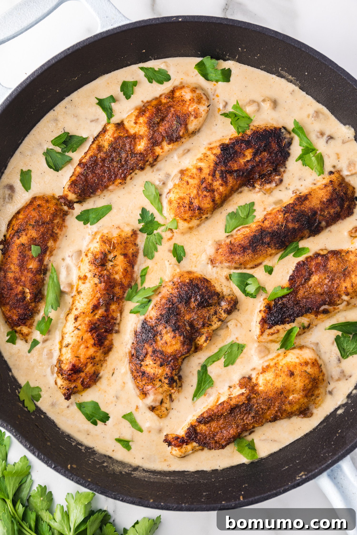 Overhead view of cream of mushroom chicken in a skillet garnished with parsley, highlighting the creamy texture of the sauce and the tender chicken.