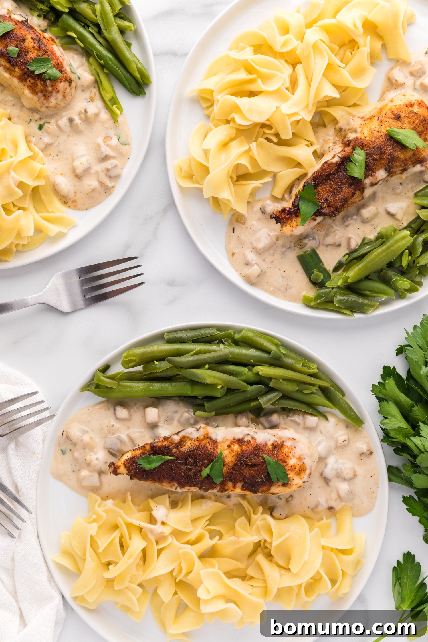 Overhead view of plates of cream of mushroom chicken served over egg noodles with a side of green beans, beautifully arranged for a complete meal.