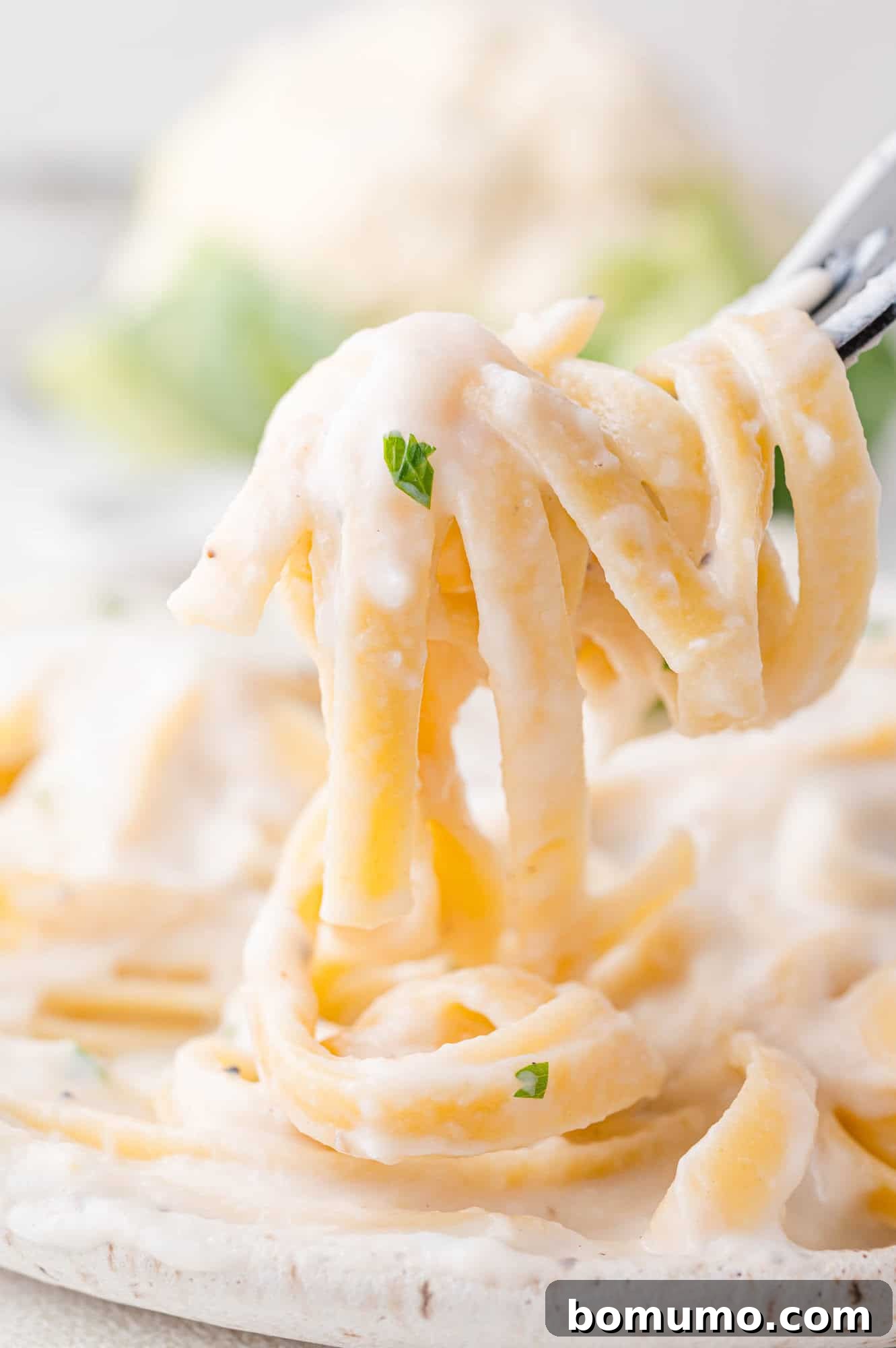 Close-up of fettuccine pasta with creamy white sauce and herbs on a fork.