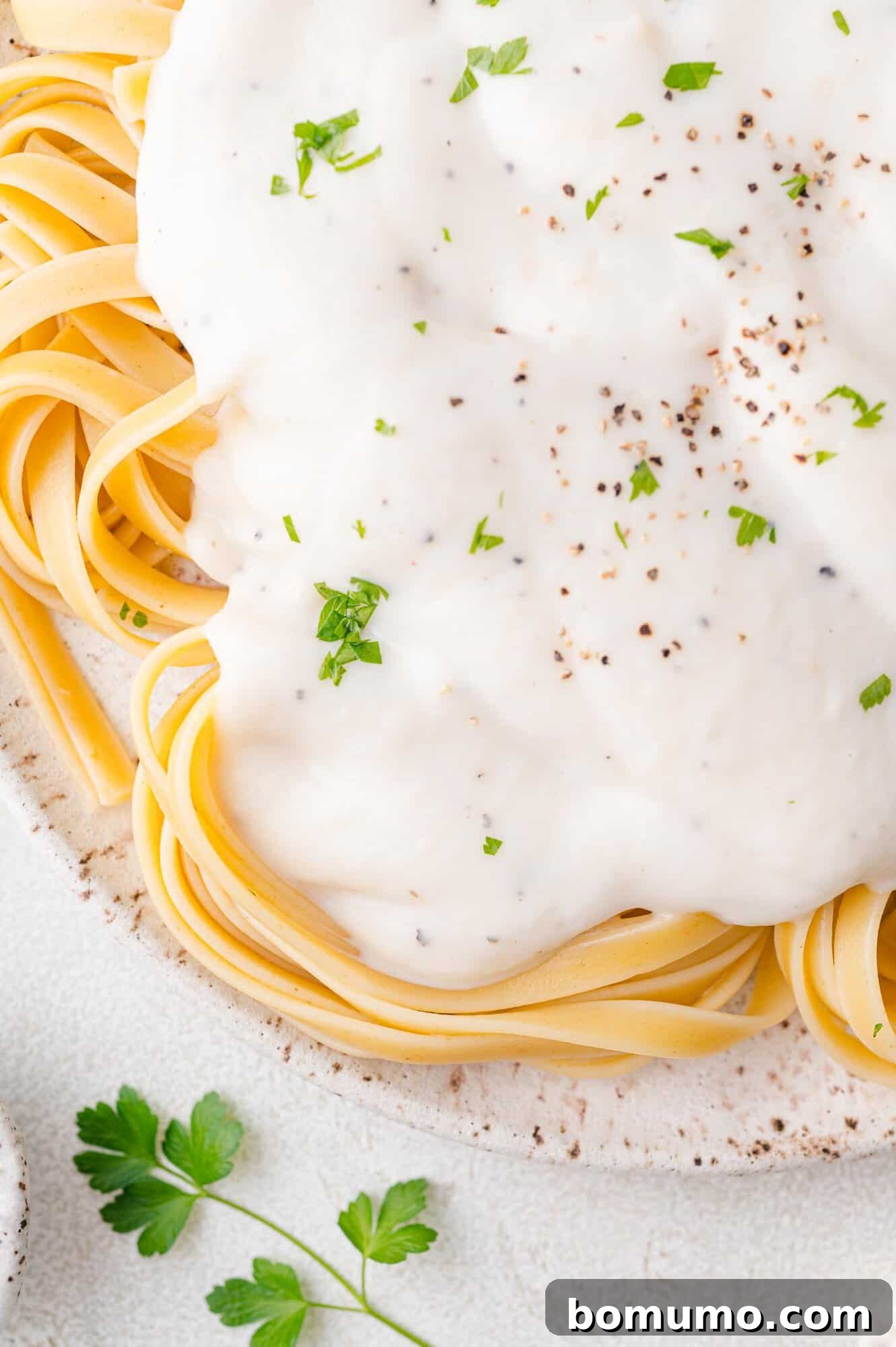 A plate of fettuccine pasta topped with creamy white sauce, garnished with chopped parsley and black pepper.