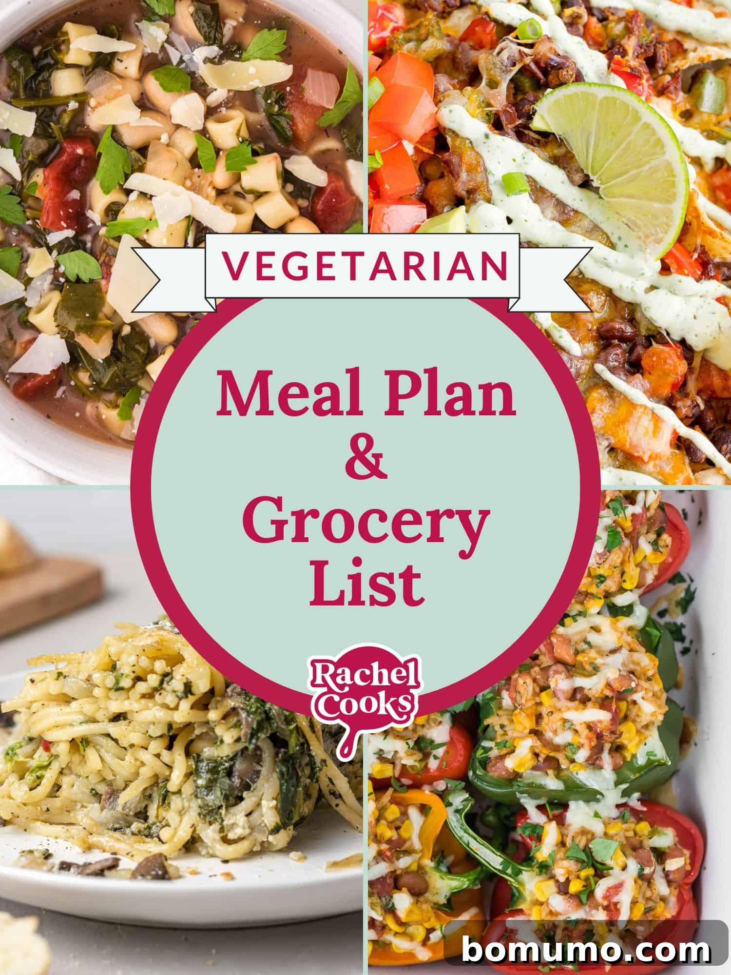 Vibrant vegetarian meal plan graphic featuring delicious dishes and a grocery list, perfect for healthy family meals and easy meal prep.